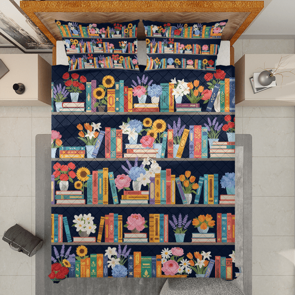Lotusprinthandmade Vintage Bookshelf Library Quilt Bedding Set (White Binding) 5 Sizes (Made in Vietnam) (55x60) – Vintage Library Quilt
