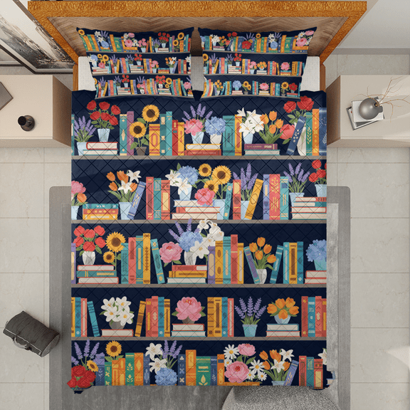 Lotusprinthandmade Vintage Bookshelf Library Quilt Bedding Set
