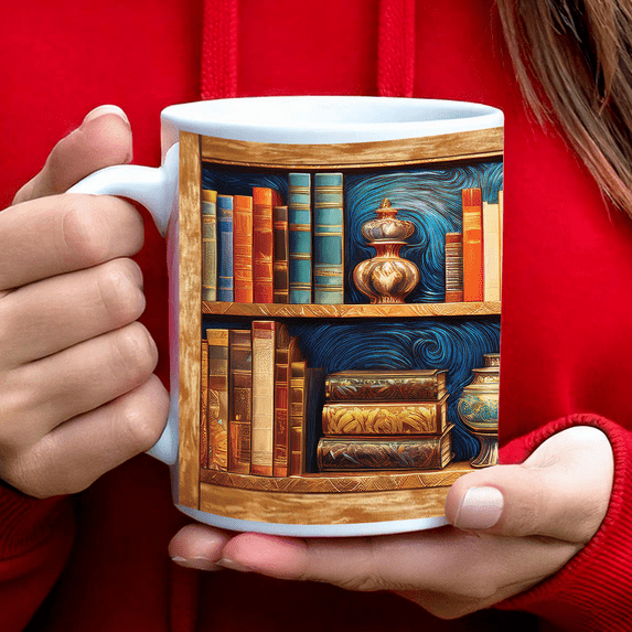 Lotusprinthandmade Vintage Bookshelf White Ceramic Mug (11oz) (Made In US), Book Lover Coffee Mug