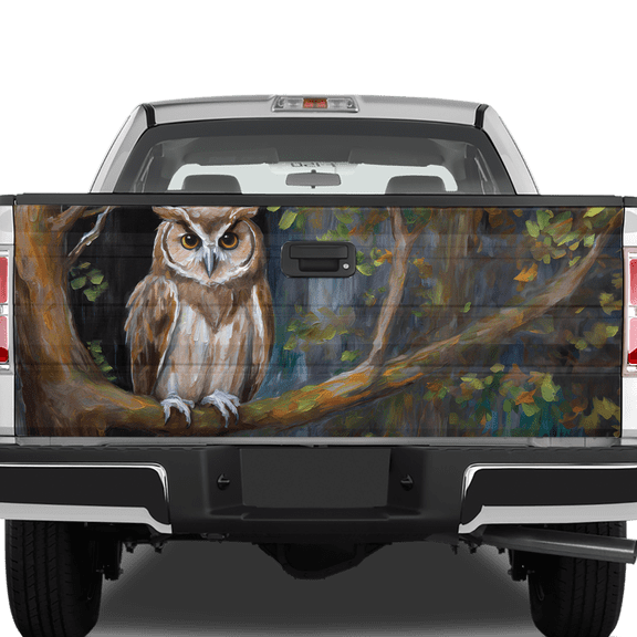 Lotusprinthandmade Vintage Owl in a Oil Painting Tailgate Wrap 2 Sizes (24"x58"), classic owl truck decal, artistic owl tailgate wrap, nature-themed owl wrap