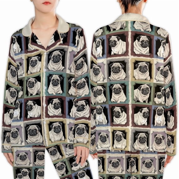 Lotusprinthandmade Vintage Pug Lover Satin Long Sleeve Pajamas Set XL