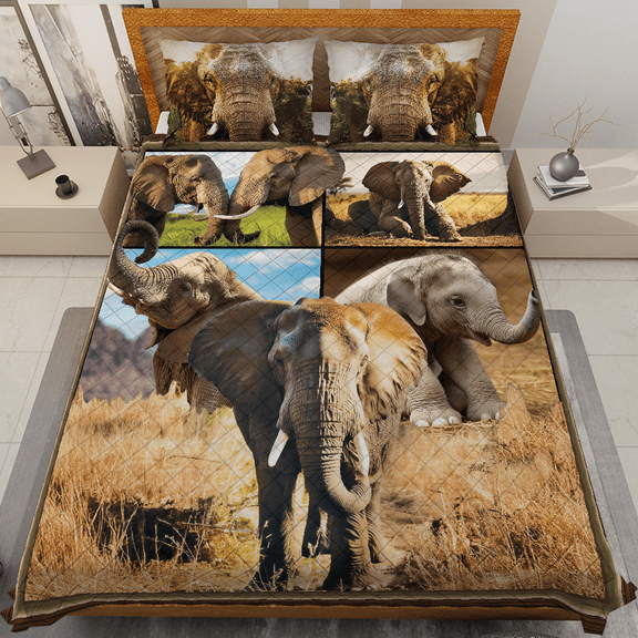 Lotusprinthandmade Wild Elephant Lovers Quilt Bedding Set (White Binding) 5 Sizes (Made in Vietnam) (70x80), Elephant Lovers Bedding Set, Majestic Elephant Design Quilt