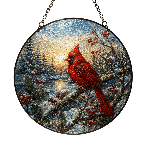 Lotusprinthandmade Winter Cardinal Stained Glass Suncatcher for Window Hanging