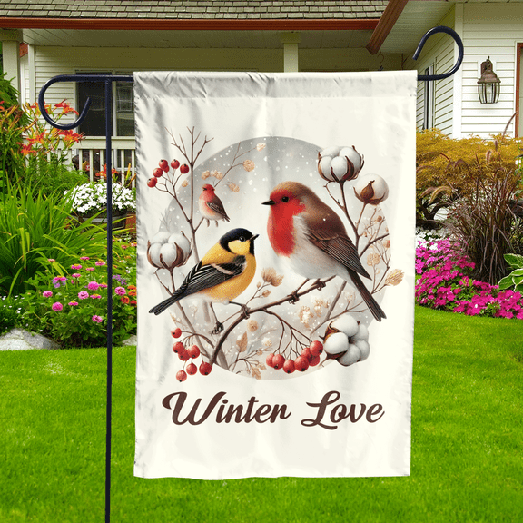 Lotusprinthandmade Winter Love Birds 100% Polyester Garden Flag 12x18 inches, love birds outdoor decor, winter birds flag