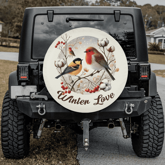 Lotusprinthandmade Winter Love Birds Spare Tire Cover Without Backup Camera Hole 6 Sizes (34 in.)