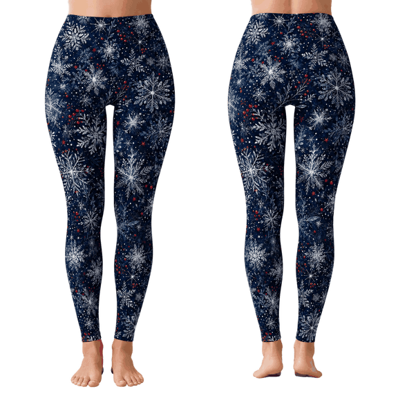 Lotusprinthandmade Winter Snowflake All-over Print Leggings, Festive Holiday Snow Pattern Yoga Pants