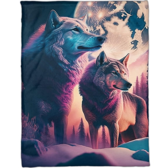 Lotusprinthandmade Wolf Couple Fleece Blanket 2 Sizes (Made in US) (60"x50"), Romantic Wolf Throw, Cozy Wolf Couple Blanket