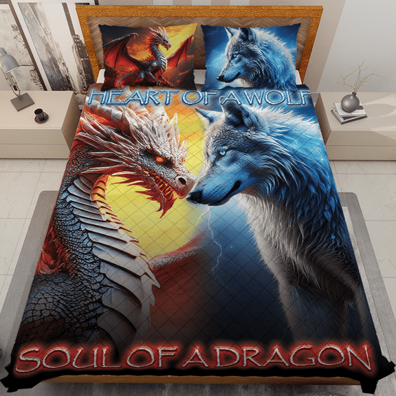 Lotusprinthandmade Wolf Dragon Heart of A Wolf Soul of A Dragon Quilt Bedding Set (White Binding) 5 Sizes (Made in Vietnam) (60x70)