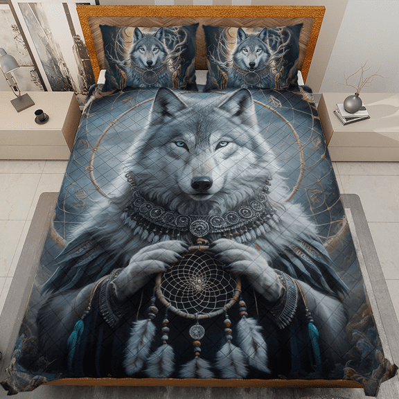 Lotusprinthandmade Wolf with Dream Catcher Quilt Bedding Set (Fold Hem) 5 Sizes (Made in Vietnam) (55x60), Wolf Quilt Bedding Set, forest wolf quilt bedding
