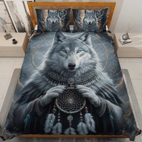 Lotusprinthandmade Wolf with Dream Catcher Quilt Bedding Set White Binding