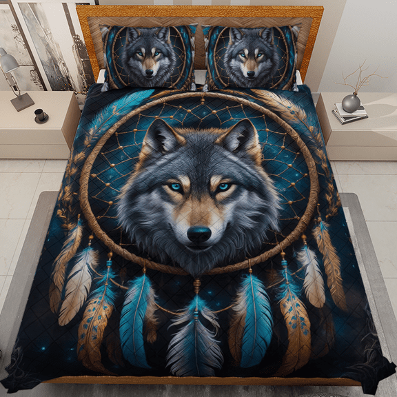 Lotusprinthandmade Wolf Lovers Quilt Bedding Set (White Binding) 5 Sizes (Made in Vietnam) (60x70), wolf themed bedding quilt set