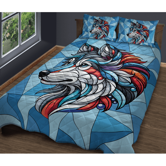 Lotusprinthandmade Wolf Quilt Bedding Set (White Binding) 5 Sizes (Made in Vietnam) (80x90), wolf quilt, wolf themed quilt set, wolf animal quilt bed set