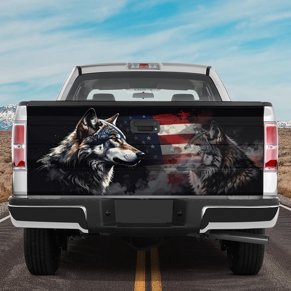 Lotusprinthandmade Wolf and America Flag Patriotic Tailgate Wrap 2 Sizes (24"x58"), america flag wolf tailgate wrap, wolf patriotic truck wrap