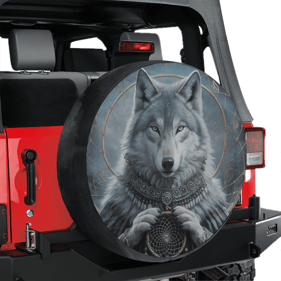 Lotusprinthandmade Wolf with Dream Catcher Spare Tire Cover Without Backup Camera Hole 6 Sizes (34 in. V2), wolf car tire protector