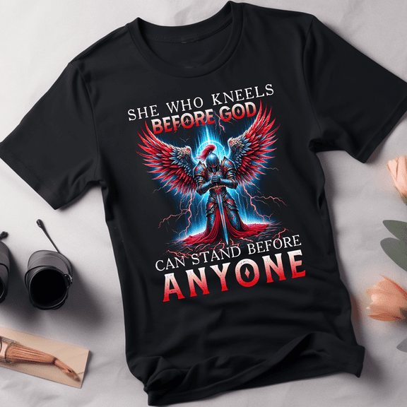 Lotusprinthandmade Woman Warrior She Who Knees Before God Can Stand Before Anyone Black Classic Unisex T-Shirt 100% Cotton S-5XL