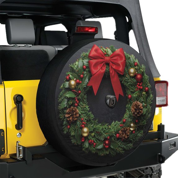 Lotusprinthandmade Wreath Graphic Christmas Gift Spare Tire Cover With Backup Camera Hole 6 Sizes (29 in.), wreath print tire cover, christmas decor spare tire cover