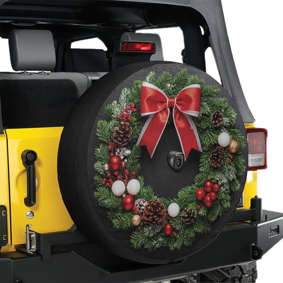 Lotusprinthandmade Wreath Graphic Christmas Gift Spare Tire Cover With Backup Camera Hole 6 Sizes (31 in.), wreath print tire cover, christmas decor spare tire cover