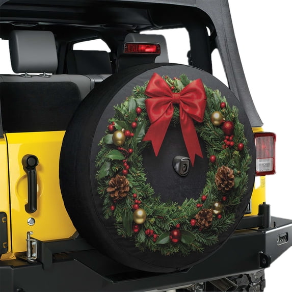 Lotusprinthandmade Wreath Graphic Christmas Gift Spare Tire Cover With Backup Camera Hole 6 Sizes (34 in.), wreath print tire cover, christmas decor spare tire cover