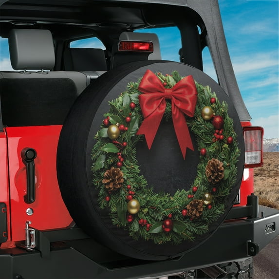 Lotusprinthandmade Wreath Graphic Christmas Gift Spare Tire Cover Without Backup Camera Hole 6 Sizes (30 in.), wreath print tire cover, christmas decor spare tire cover