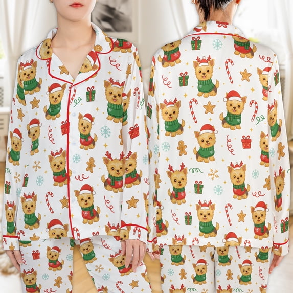 Lotusprinthandmade Yorkshire Terrier Dog Christmas All-over Print Satin Pajamas Set (No Pocket) (S), yorkshire terrier dog pajamas, yorkie dog christmas sleepwear