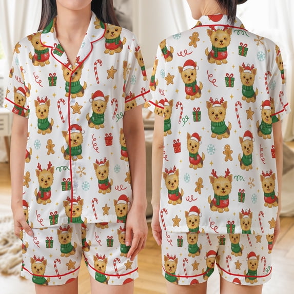 Lotusprinthandmade Yorkshire Terrier Dog Christmas All-over Print Satin Short-Sleeve Pajamas Set (No Pocket) (L), yorkshire terrier dog pajamas, yorkie dog christmas sleepwear