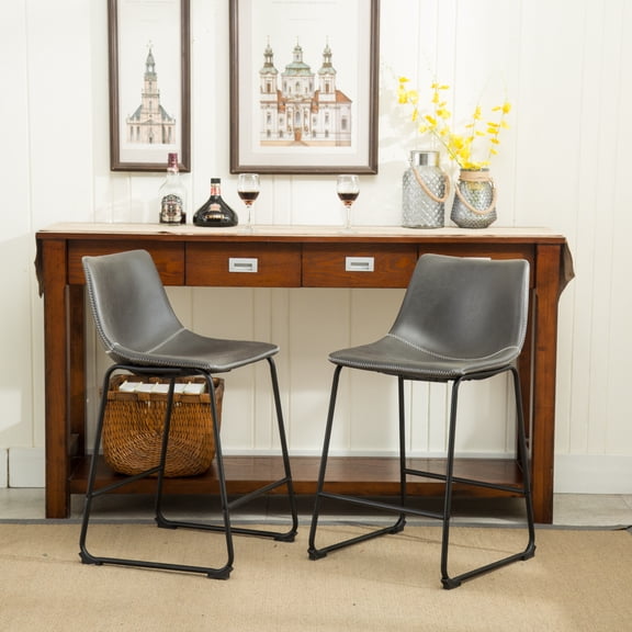 Lotusville Vintage PU Leather Counter Height Stools, Set of 2, Antique Grey