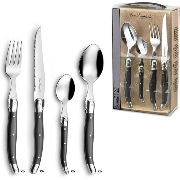 Lou Laguiole Tradition Stainless Steel & Polypropylene - Vintage Silverware Flatware Utensils Set - Anthracite Grey, 24-Piece - Silverware Set
