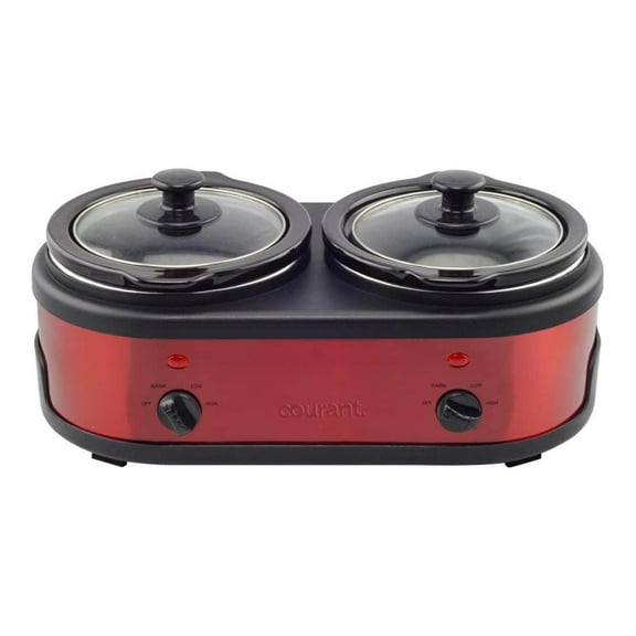 LouZub 3.2-Quart Double Slow Cooker (1.6-Qt each) w/Warm Settings, Stainproof Stoneware Pots and Glass Lids – Red Stainless Steel