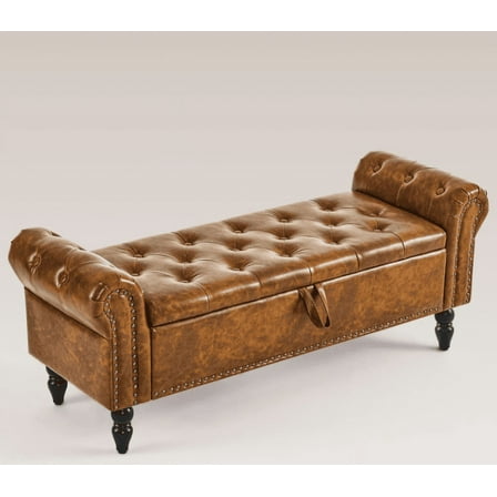 LouZub Bedroom Bench for End of Bed, Faux Leather Upholstered, Brown