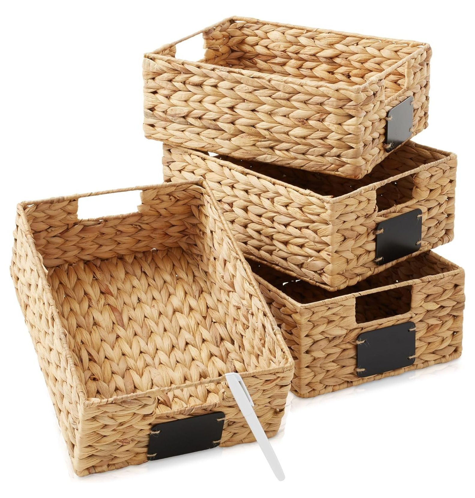 LouZub Set of 4 Water Hyacinth Pantry Baskets, 10" x 13" x 5", with