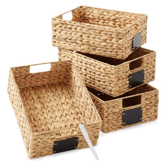 LouZub Set of 4 Water Hyacinth Pantry Baskets, 10" x 13" x 5", with