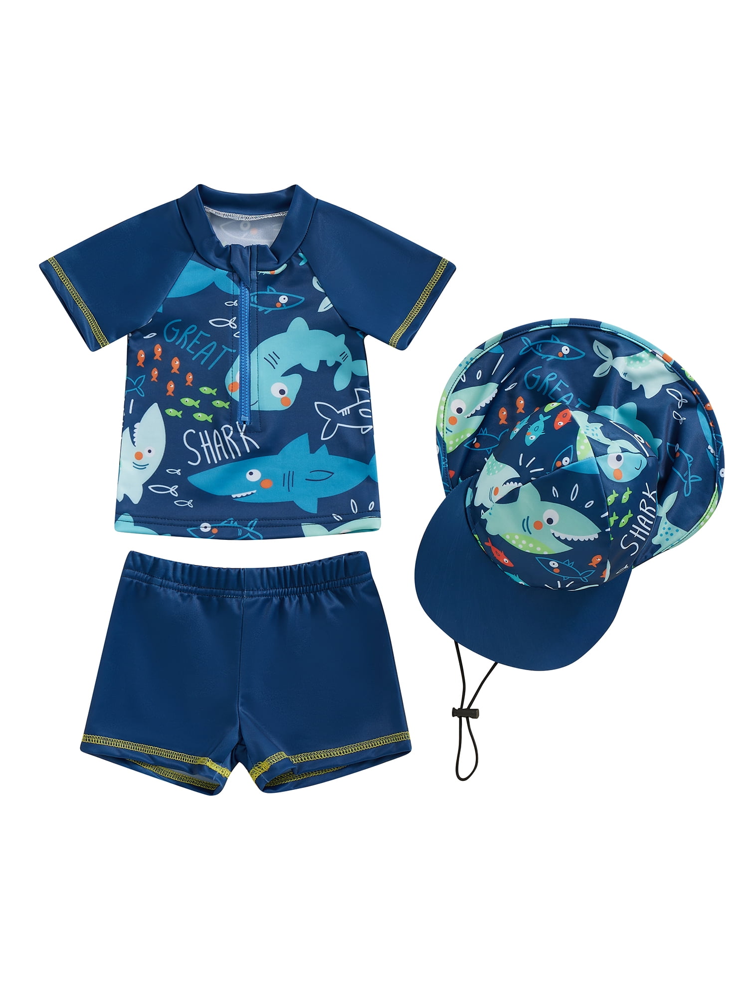 EWODOS Toddler Boys Rash Guard Swimwear Front Zipper Bathing Suits Cartoon Fish Print Swimsuits With Hat