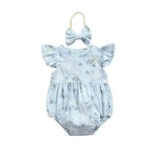 Louatui Newborn Baby Girls Cotton Summer Daisy Romper Ruffled Sleeve Dress Playsuits Floral Round Neck Jumpsuit Bodysuit with Headband Sets