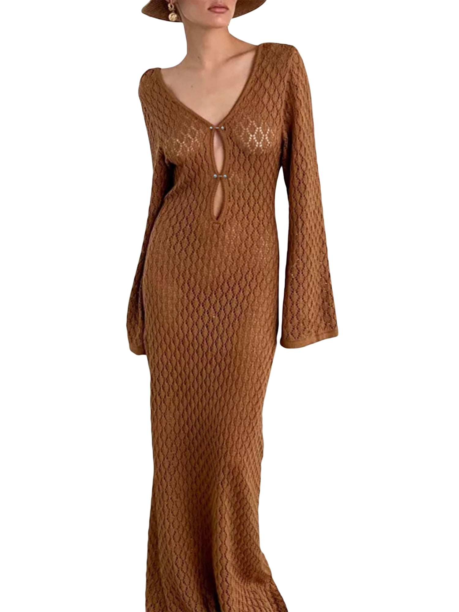 Louatui Women Crochet Cover Up Dress Hollow Out V-neck Flared Sleeve ...