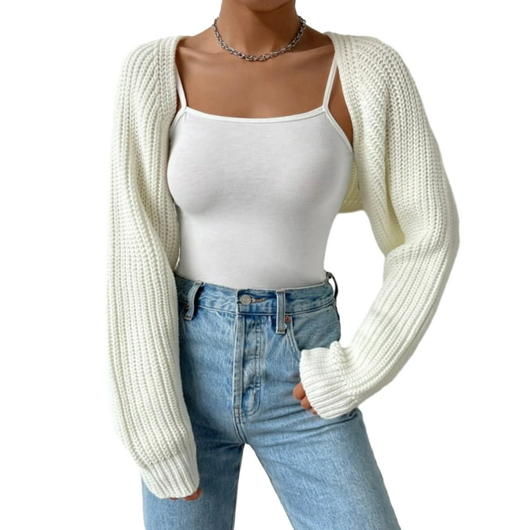 Louatui Women Open Front Knit Crop Cardigan Long Sleeve Drop