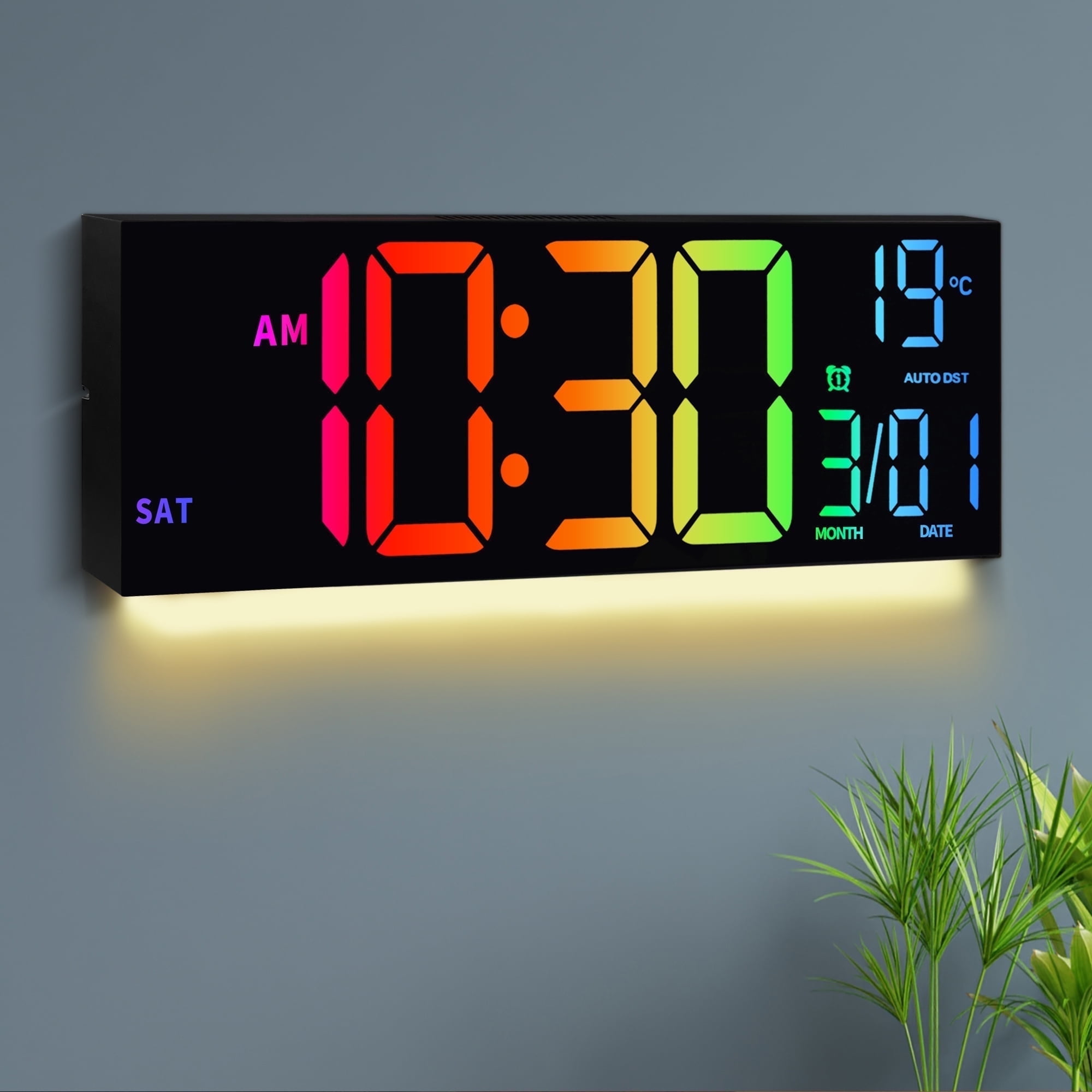16 inch Large Digital Wall Clock, 8 RGB Lights with Remote Control, Dual Alarms with Big LED Display