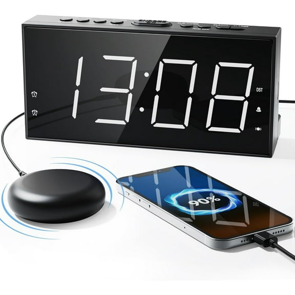 Loud Alarm Clock with Bed Shaker for Heavy Sleeper, Dual Vibrating Alarm Clock with USB Charger for Hard of Hearing/Deaf, 7.5 Large LED Display with Dimmer, Snooze, 12/24H & Battery Backup