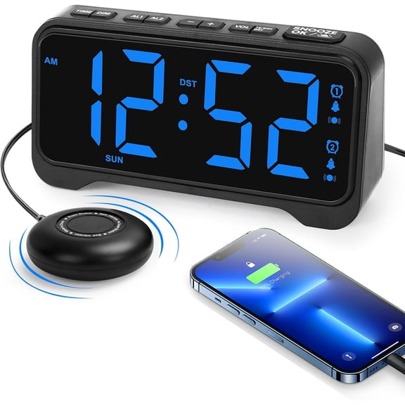 Loud Alarm Clock for Heavy Sleepers Adults, Vibrating Teens/Deaf, 7.5" Bright Clear Digital Screen, Adjustable Brightness with Night Light, 3 Levels Bed Shaker Pillow, Dual