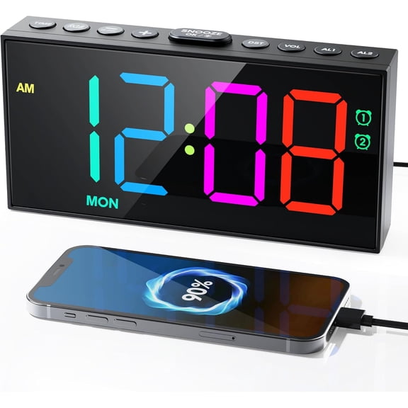 Digital Clock for , Dual Alarms ,Weekday/Weekend/Everyday Mode, 7 Dimmer,5 Volume,2 Ports, 9-min Snooze,Memory Function,Plug in Desk Clock Large Display for /Teens