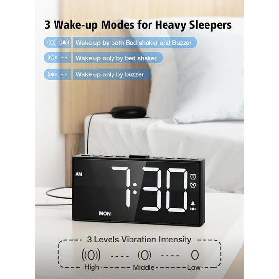 Loud Alarm Clock for Heavy Sleepers with 3-Level Vibration, Dual Alarm, USB Charger, Large Numbers