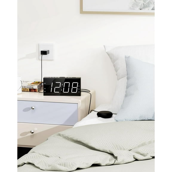 Loud Alarm Clock with Bed Shaker for Heavy Sleeper, Dual Vibrating Alarm Clock with USB Charger, .5' Large LED Display
