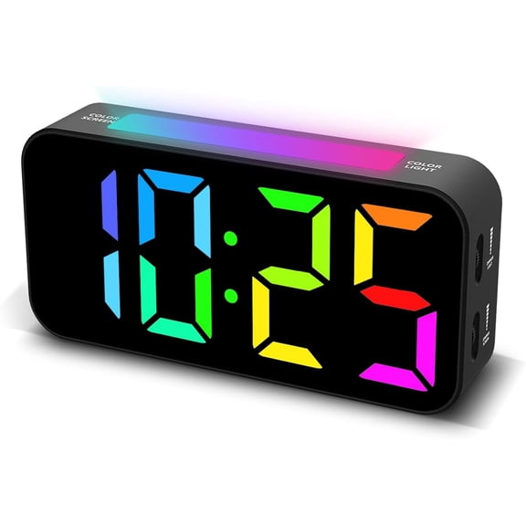Loud Alarm Clocks for Bedrooms Heavy Sleepers, Plug-in Digital Bedside Clock with RGB Night Light, Large Display, Dual Alarm, Snooze, Dimmable, 3 Volumes