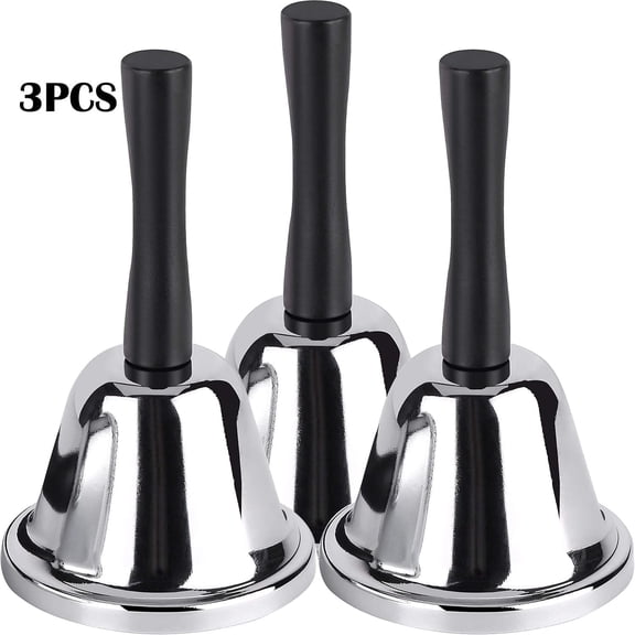 Loud Hand Bell, 3 Pack Silver Steel Hand Bells for Adults, Dinner Bells for Inside Classroom Bell, for Food Line, Alarm, Jingles, Ringing