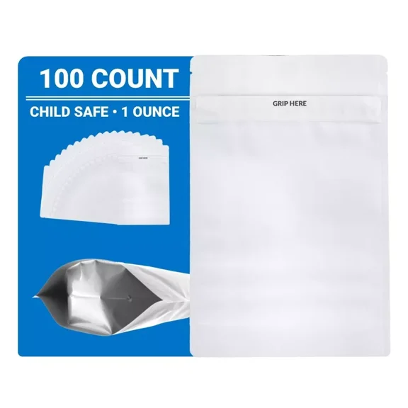 Loud Lock Mylar Bags 100 Count 9" X 6" All White - Flex Packaging - Mylar Bags For Food Storage - Resealable Bags
