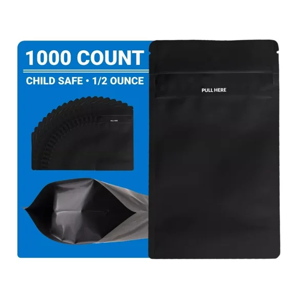 Loud Lock Mylar Bags 1000 Count 8.125" x 5" All Black - Child Resistant - Mylar Bags For Food Storage - Resealable Bags