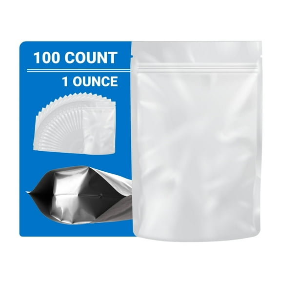 Loud Lock Mylar Bags Smell Proof 1 Ounce White - 100 Count 9" x 6" - Resealable Food Storage Bags