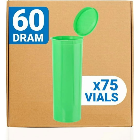 Loud Lock Pop Top Dram Bottles - Green - 60 Dram - 75 Per Case - 5.24" Deep X 1.89" Wide - Packaging Supplies - Pill Vials - Rx Vial