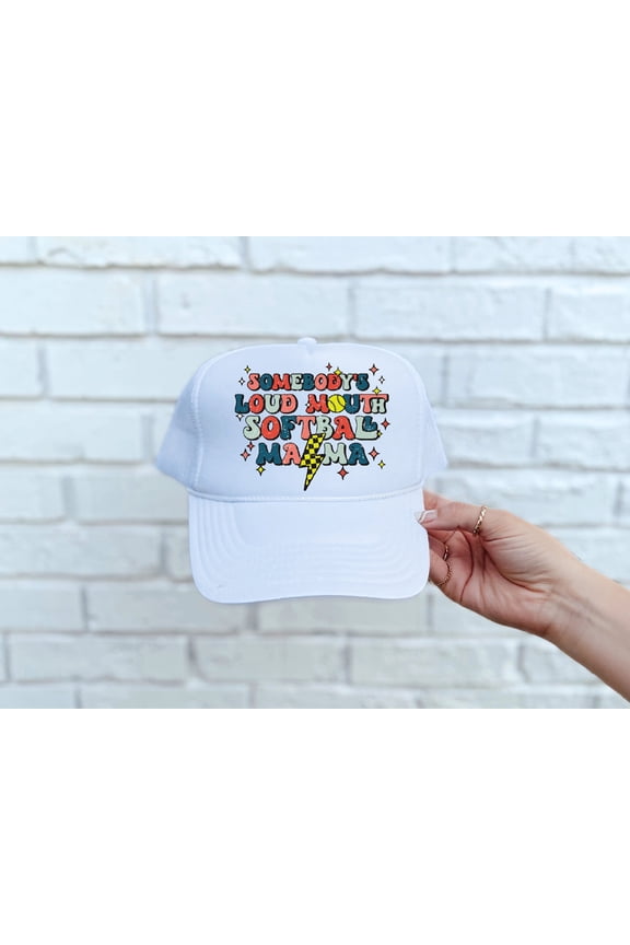 Designs- Loud Mouth Softball Mama White Unisex Foam Trucker Hat