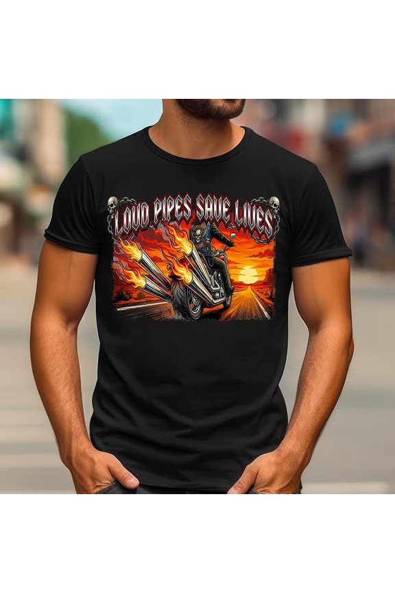 Loud Pipes Save Lives Flaming Motorcycle Shirt, Hell Rider Fire Bike Biker Graphic Tee, Hardcore Chopper Rider Gift, Unisex Cotton T-Shirt, Size S-5XL