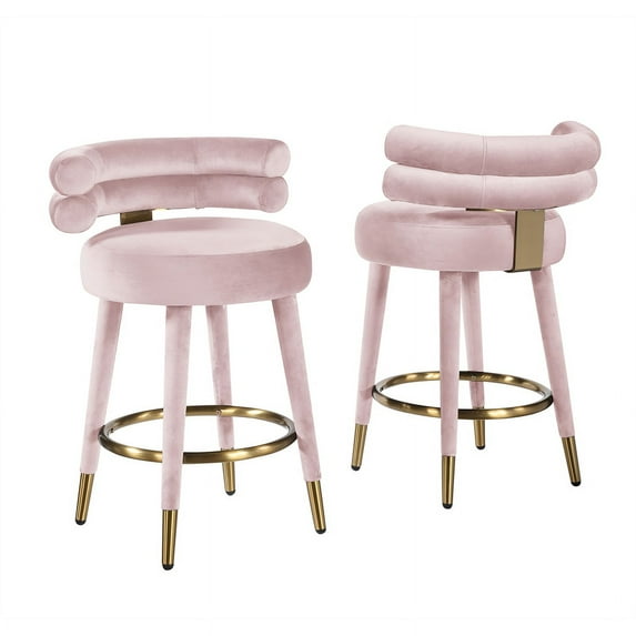 Louie Pink Velvet Counter Height Stool with Gold Trim (Set of 2)